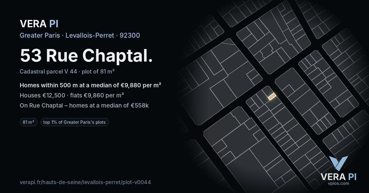 53 Rue Chaptal, Levallois-Perret at night – the plot lit, the parcels around coloured by the prices near them