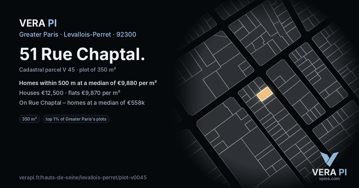 51 Rue Chaptal, Levallois-Perret at night – the plot lit, the parcels around coloured by the prices near them