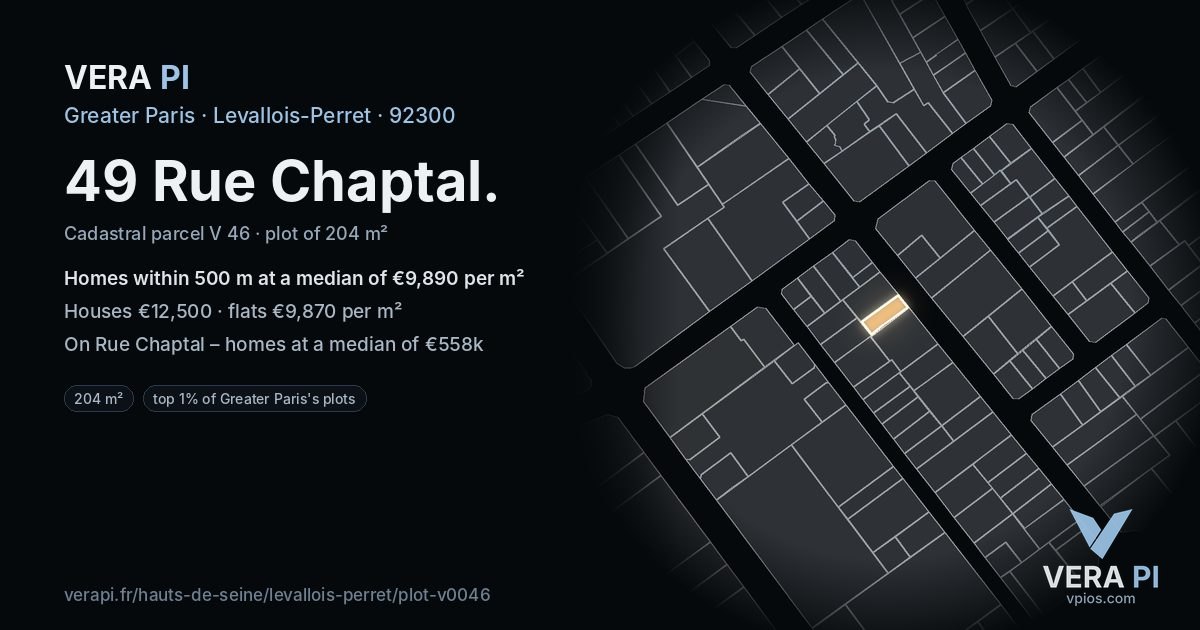 49 Rue Chaptal, Levallois-Perret at night – the plot lit, the parcels around coloured by the prices near them