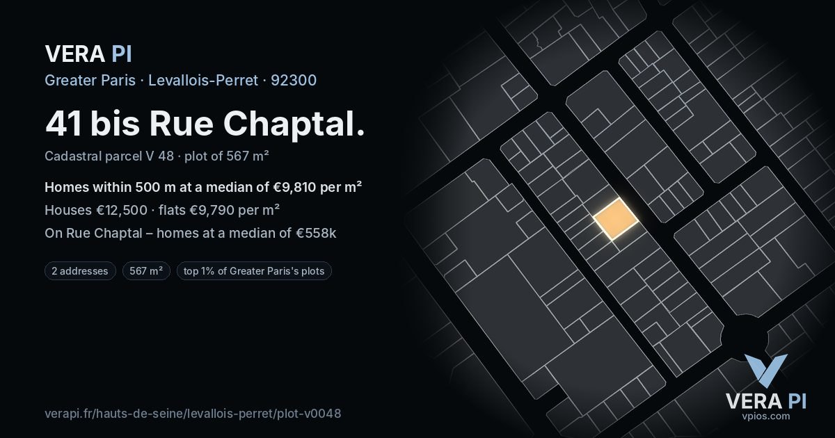 41 bis Rue Chaptal, Levallois-Perret at night – the plot lit, the parcels around coloured by the prices near them