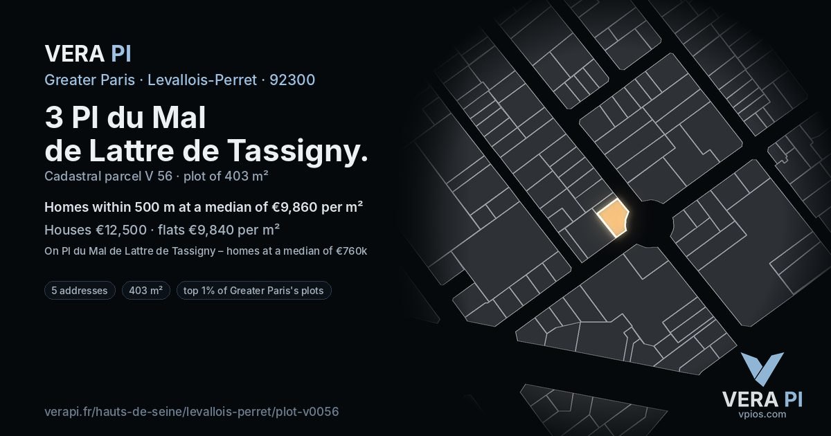3 Pl du Mal de Lattre de Tassigny, Levallois-Perret at night – the plot lit, the parcels around coloured by the prices near them