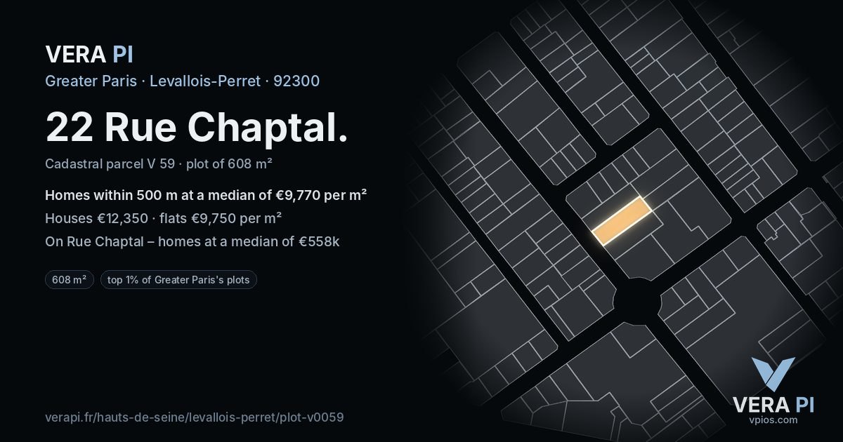 22 Rue Chaptal, Levallois-Perret at night – the plot lit, the parcels around coloured by the prices near them