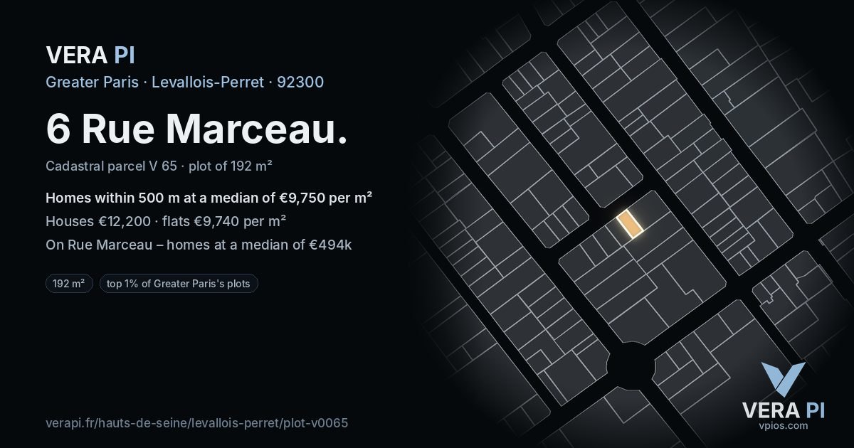 6 Rue Marceau, Levallois-Perret at night – the plot lit, the parcels around coloured by the prices near them