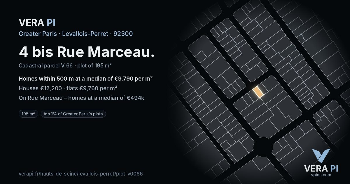 4 bis Rue Marceau, Levallois-Perret at night – the plot lit, the parcels around coloured by the prices near them