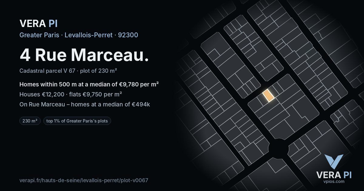 4 Rue Marceau, Levallois-Perret at night – the plot lit, the parcels around coloured by the prices near them