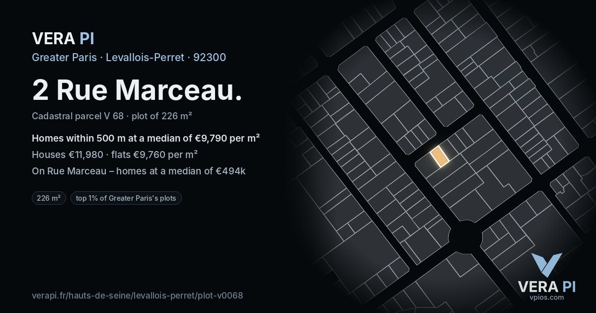2 Rue Marceau, Levallois-Perret at night – the plot lit, the parcels around coloured by the prices near them