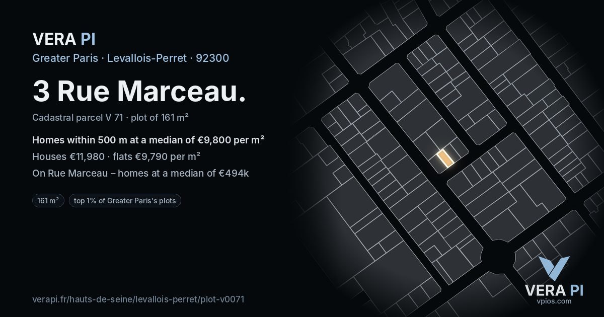 3 Rue Marceau, Levallois-Perret at night – the plot lit, the parcels around coloured by the prices near them