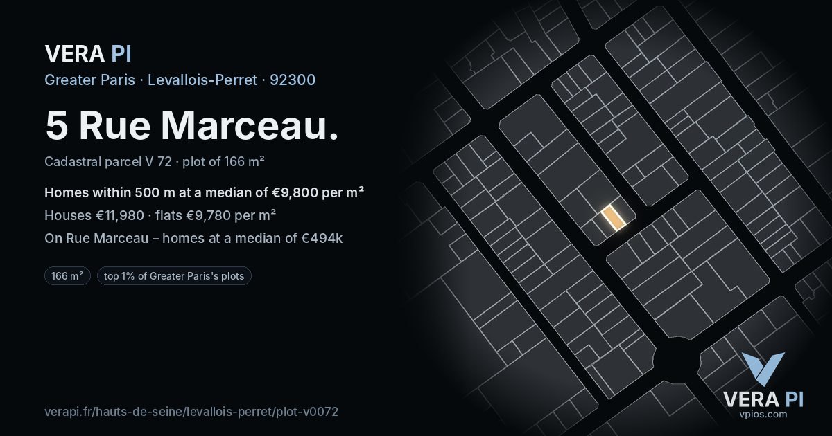 5 Rue Marceau, Levallois-Perret at night – the plot lit, the parcels around coloured by the prices near them