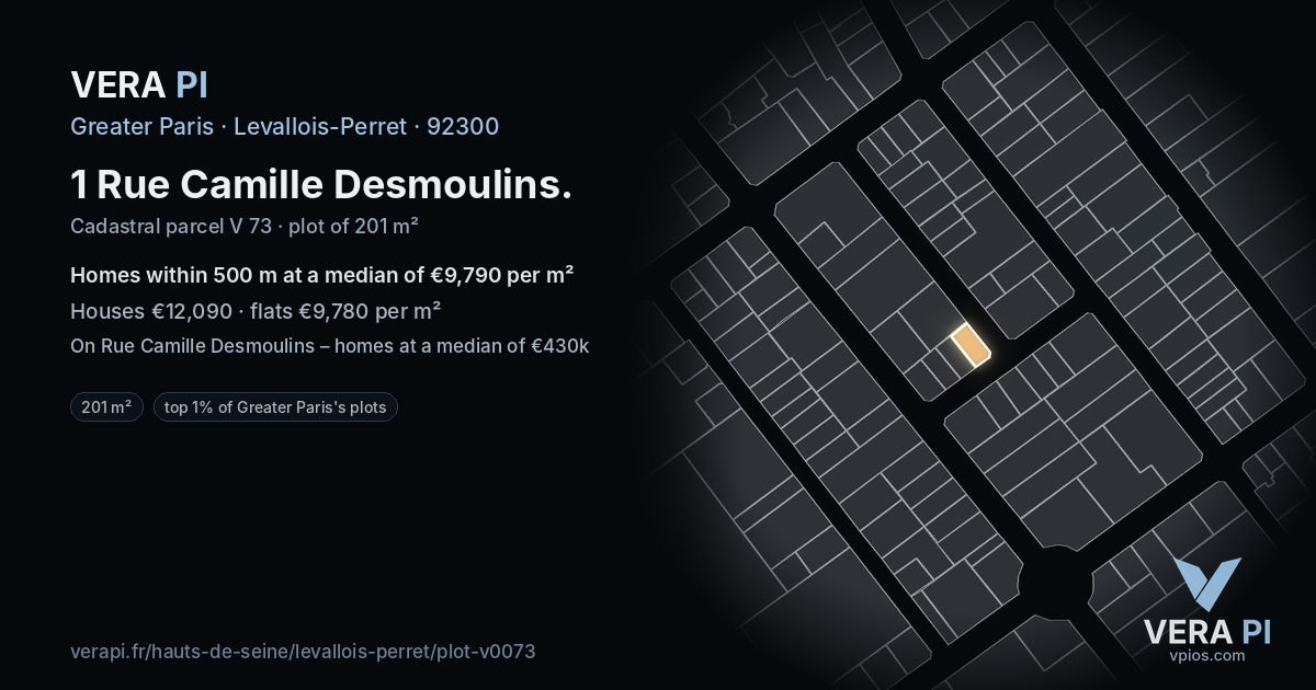 1 Rue Camille Desmoulins, Levallois-Perret at night – the plot lit, the parcels around coloured by the prices near them