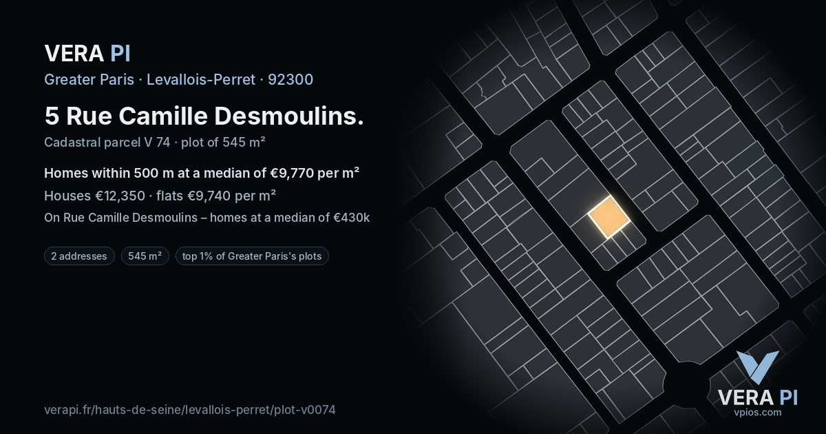 5 Rue Camille Desmoulins, Levallois-Perret at night – the plot lit, the parcels around coloured by the prices near them