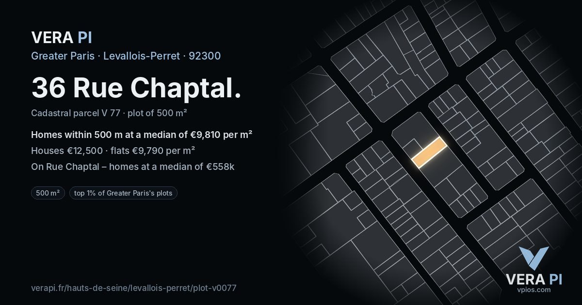 36 Rue Chaptal, Levallois-Perret at night – the plot lit, the parcels around coloured by the prices near them