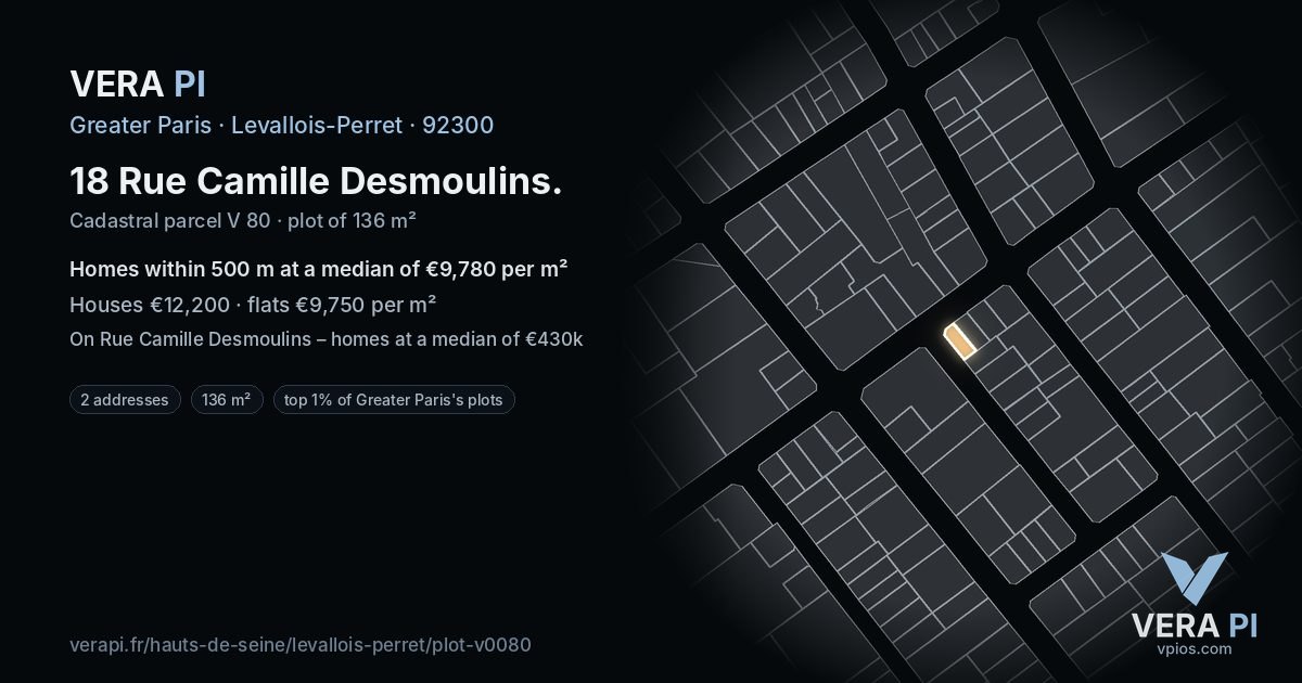 18 Rue Camille Desmoulins, Levallois-Perret at night – the plot lit, the parcels around coloured by the prices near them