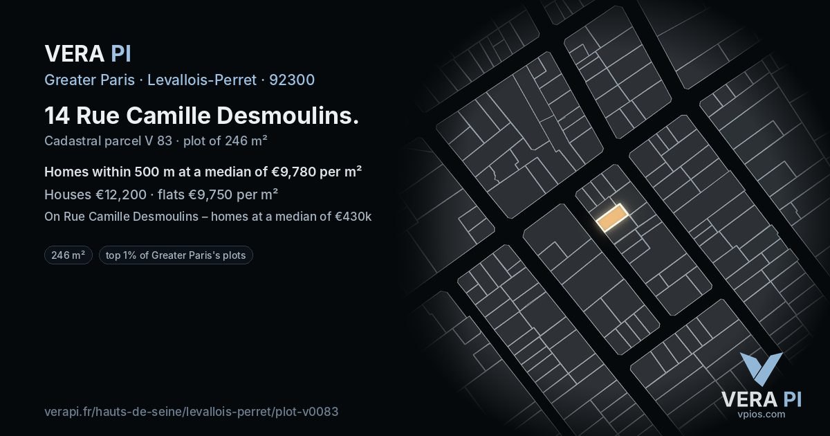 14 Rue Camille Desmoulins, Levallois-Perret at night – the plot lit, the parcels around coloured by the prices near them