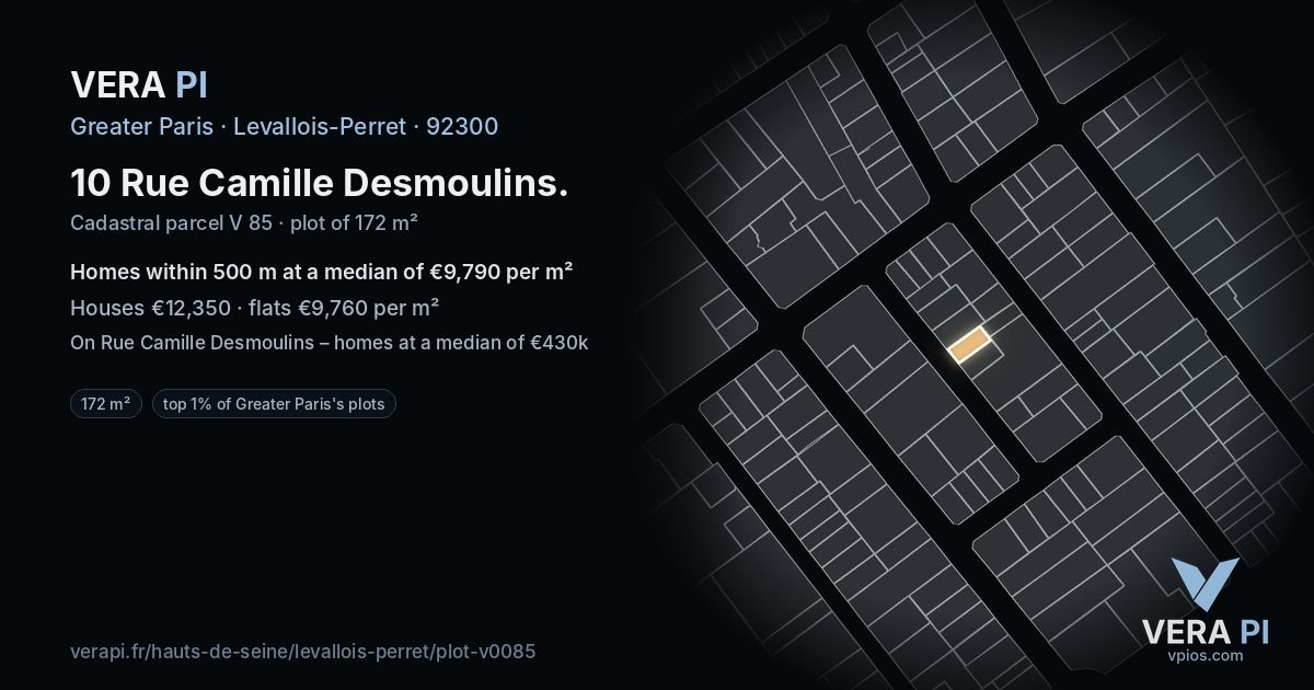 10 Rue Camille Desmoulins, Levallois-Perret at night – the plot lit, the parcels around coloured by the prices near them