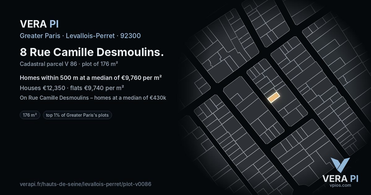 8 Rue Camille Desmoulins, Levallois-Perret at night – the plot lit, the parcels around coloured by the prices near them