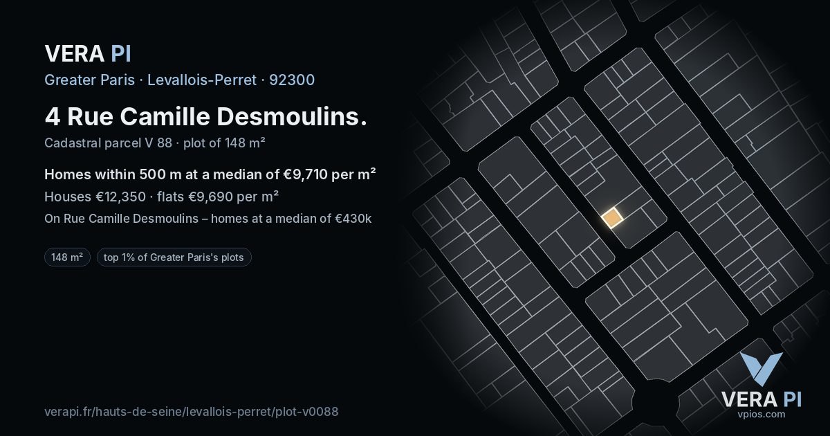 4 Rue Camille Desmoulins, Levallois-Perret at night – the plot lit, the parcels around coloured by the prices near them