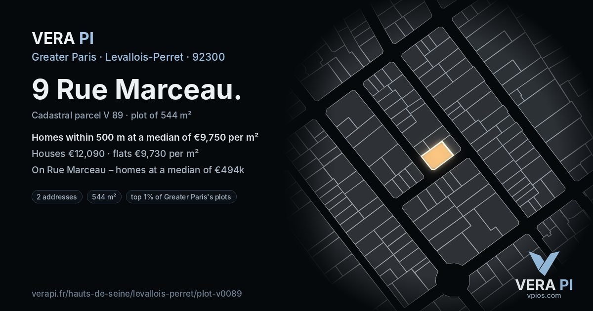 9 Rue Marceau, Levallois-Perret at night – the plot lit, the parcels around coloured by the prices near them