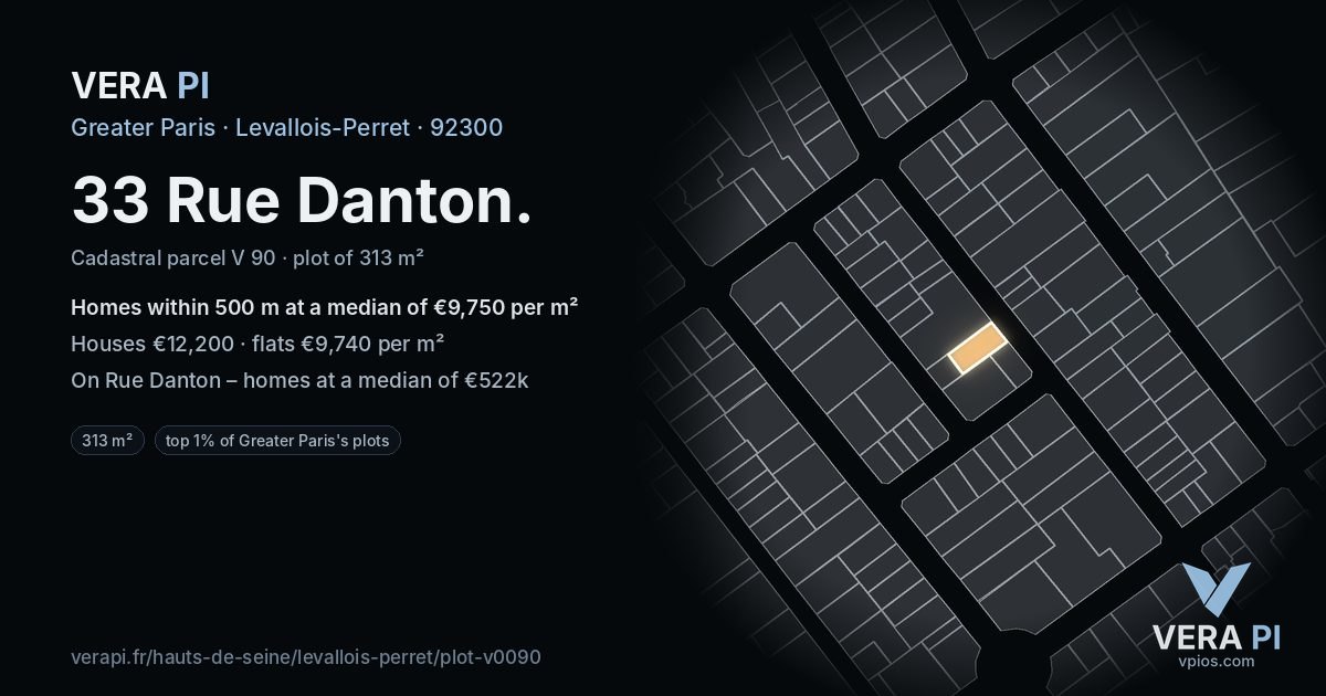 33 Rue Danton, Levallois-Perret at night – the plot lit, the parcels around coloured by the prices near them