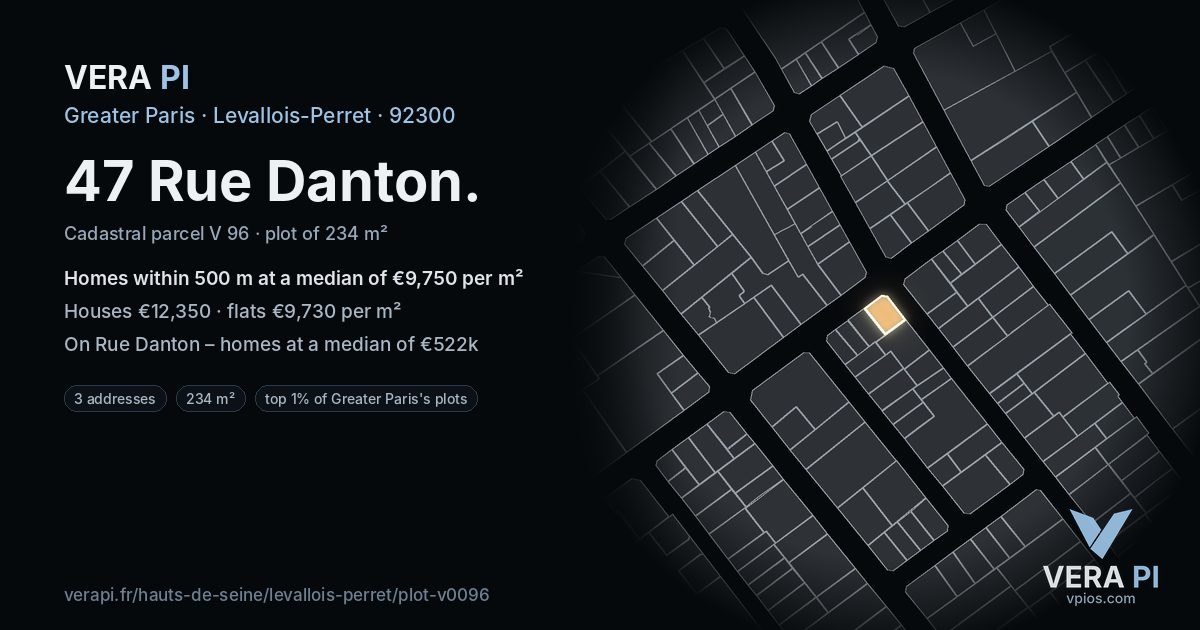 47 Rue Danton, Levallois-Perret at night – the plot lit, the parcels around coloured by the prices near them