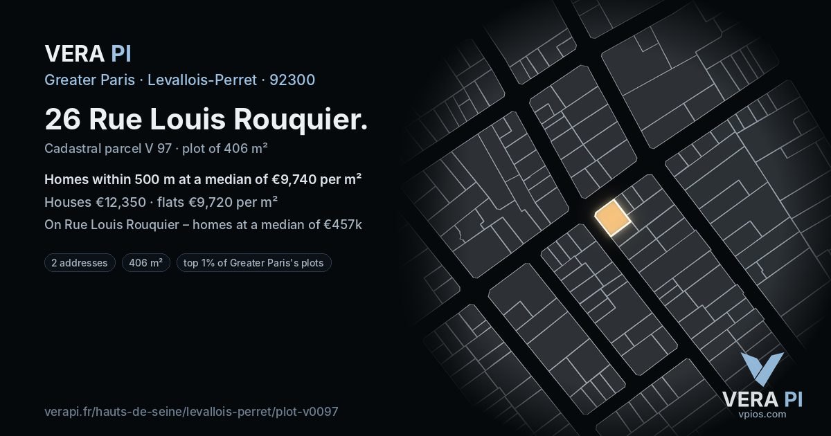 26 Rue Louis Rouquier, Levallois-Perret at night – the plot lit, the parcels around coloured by the prices near them