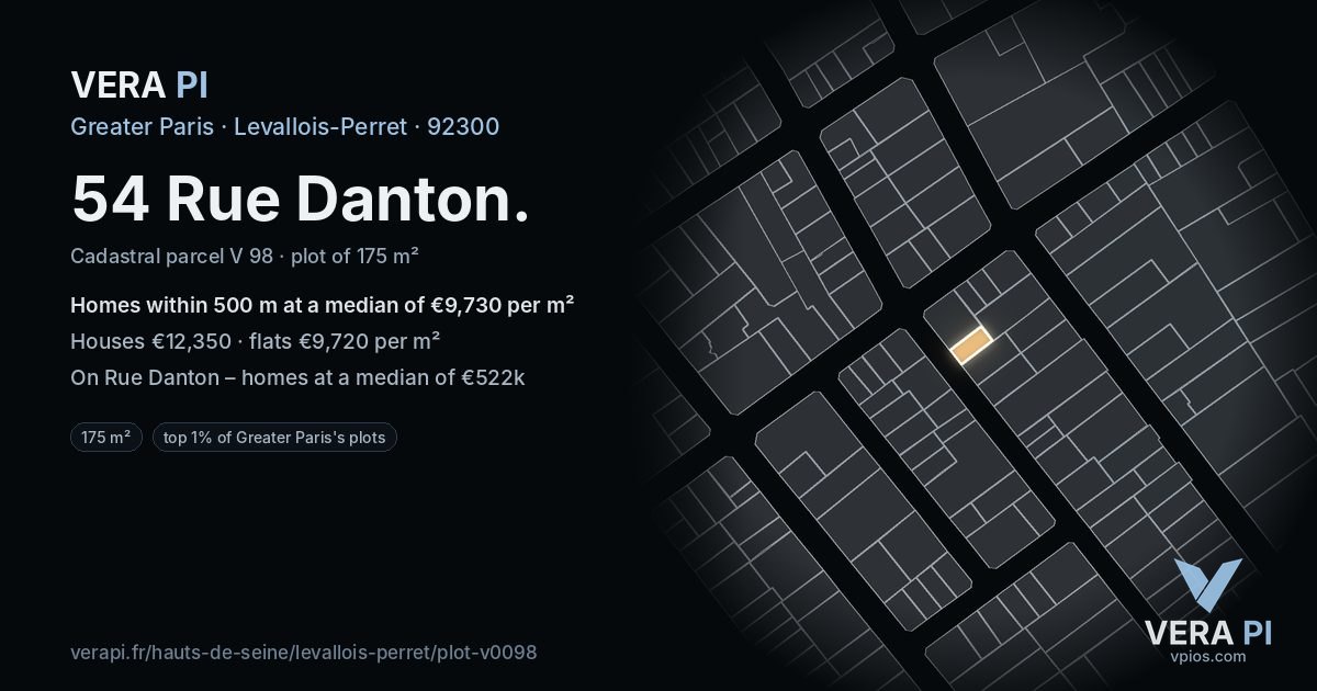 54 Rue Danton, Levallois-Perret at night – the plot lit, the parcels around coloured by the prices near them