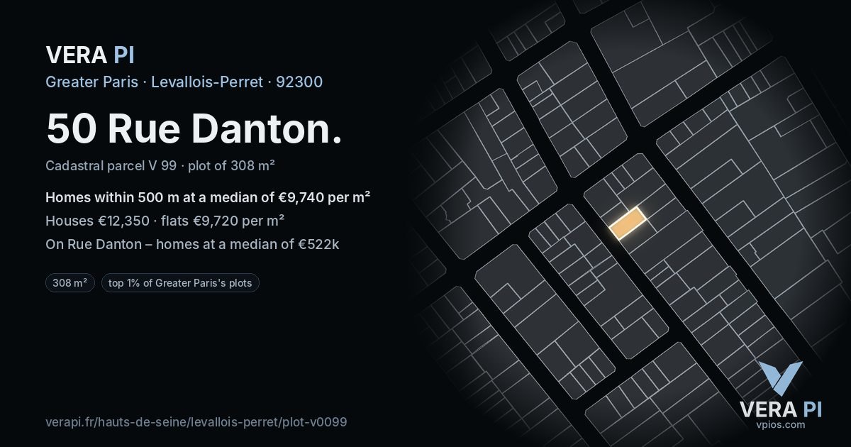 50 Rue Danton, Levallois-Perret at night – the plot lit, the parcels around coloured by the prices near them