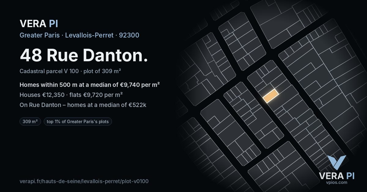 48 Rue Danton, Levallois-Perret at night – the plot lit, the parcels around coloured by the prices near them