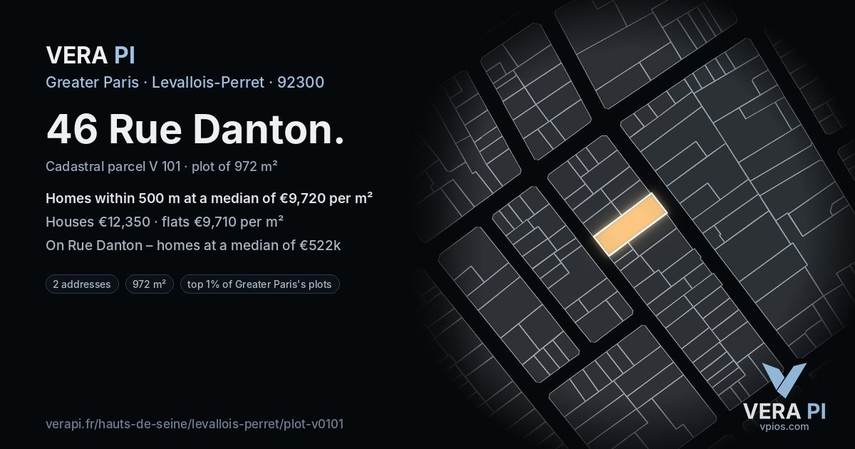 46 Rue Danton, Levallois-Perret at night – the plot lit, the parcels around coloured by the prices near them