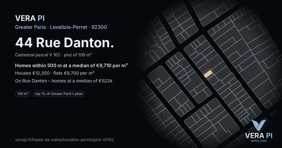 44 Rue Danton, Levallois-Perret at night – the plot lit, the parcels around coloured by the prices near them