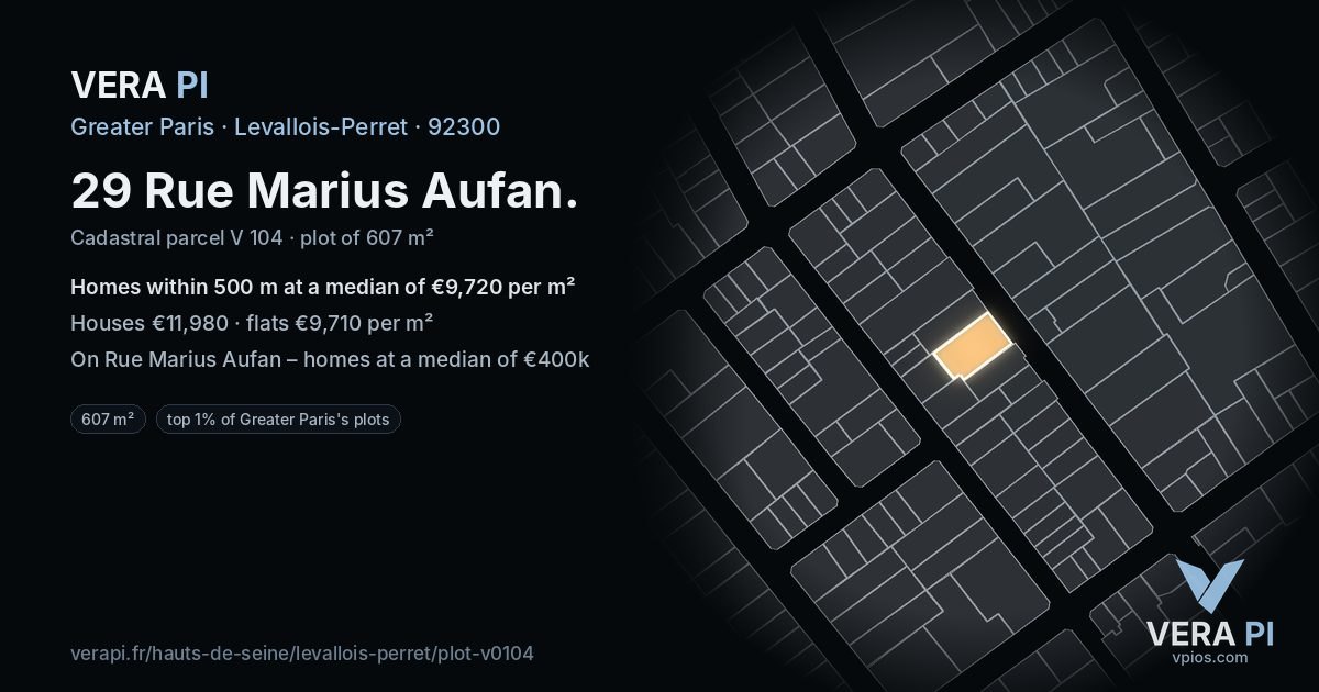 29 Rue Marius Aufan, Levallois-Perret at night – the plot lit, the parcels around coloured by the prices near them