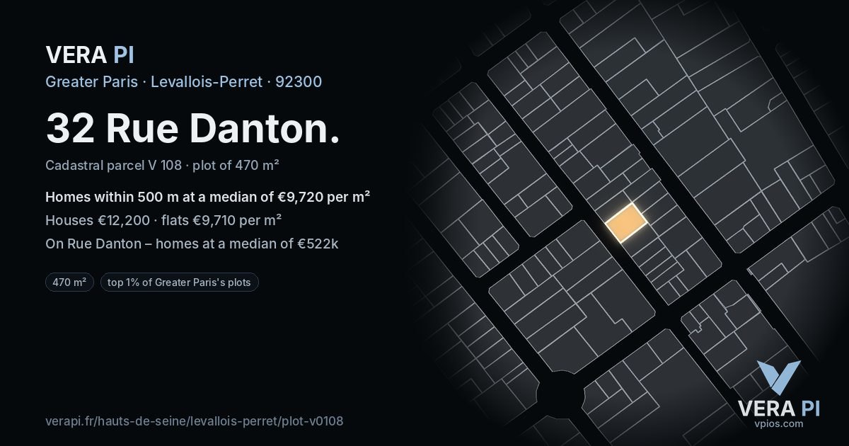 32 Rue Danton, Levallois-Perret at night – the plot lit, the parcels around coloured by the prices near them
