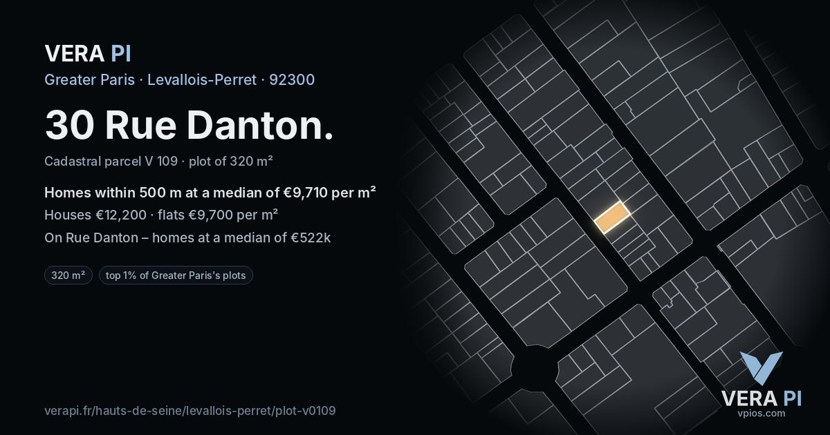 30 Rue Danton, Levallois-Perret at night – the plot lit, the parcels around coloured by the prices near them