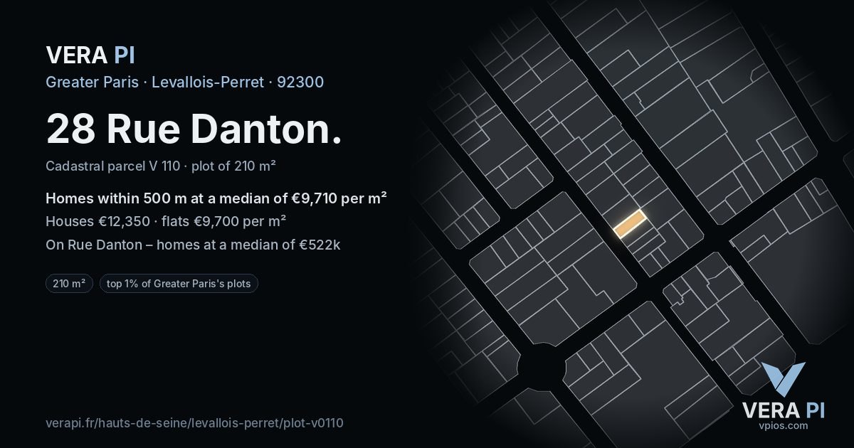 28 Rue Danton, Levallois-Perret at night – the plot lit, the parcels around coloured by the prices near them