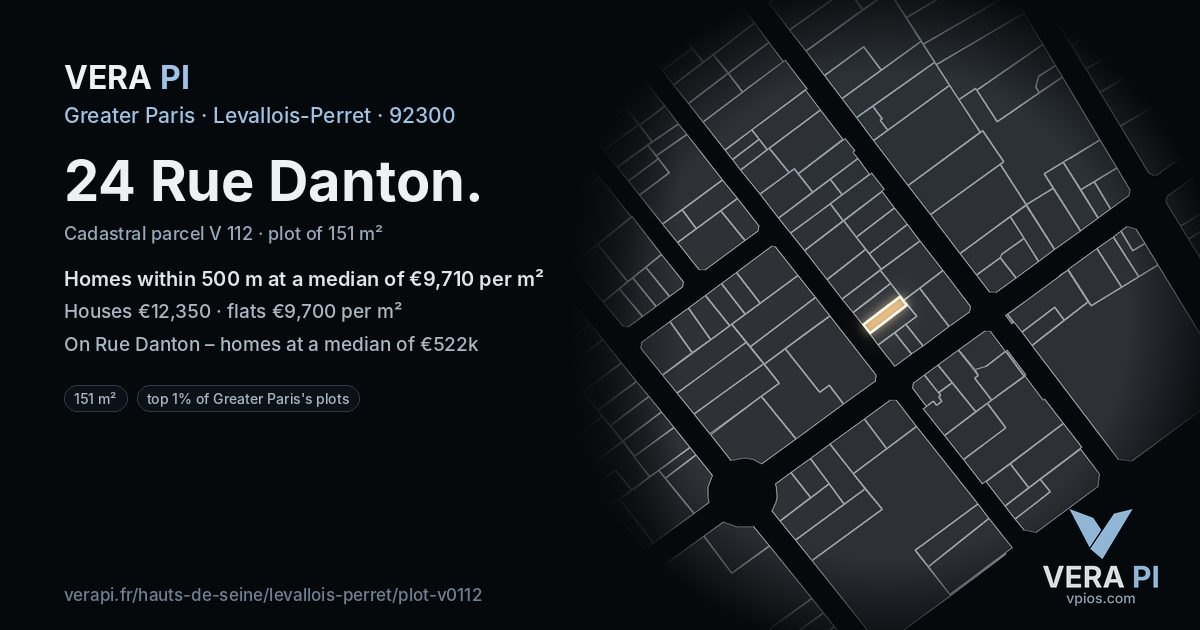 24 Rue Danton, Levallois-Perret at night – the plot lit, the parcels around coloured by the prices near them
