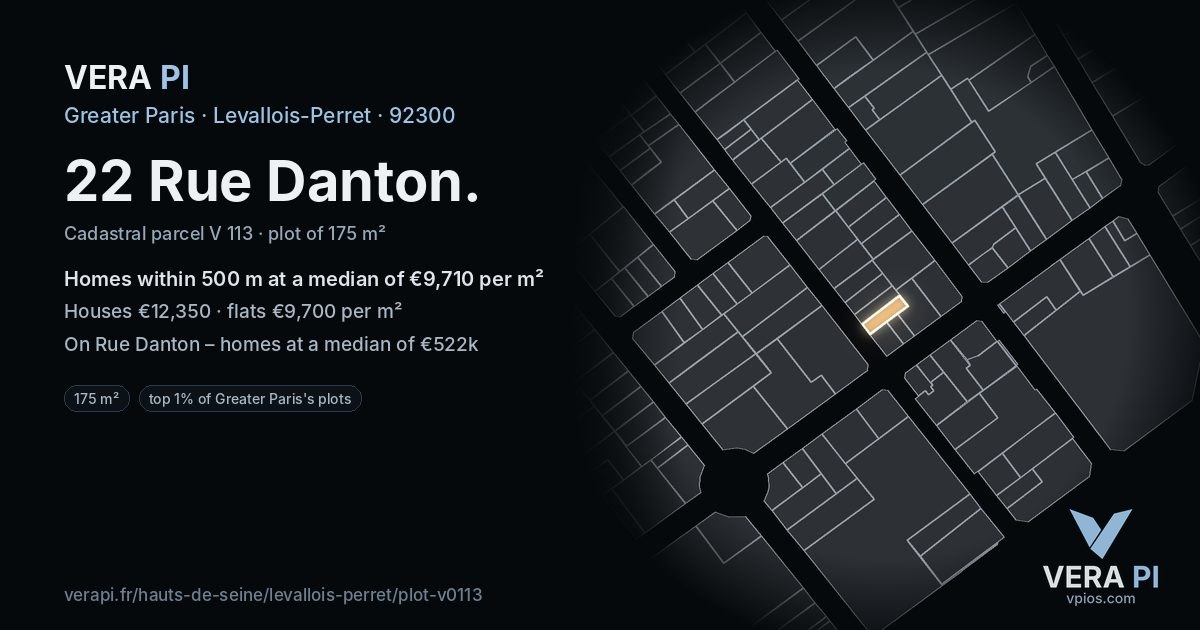 22 Rue Danton, Levallois-Perret at night – the plot lit, the parcels around coloured by the prices near them