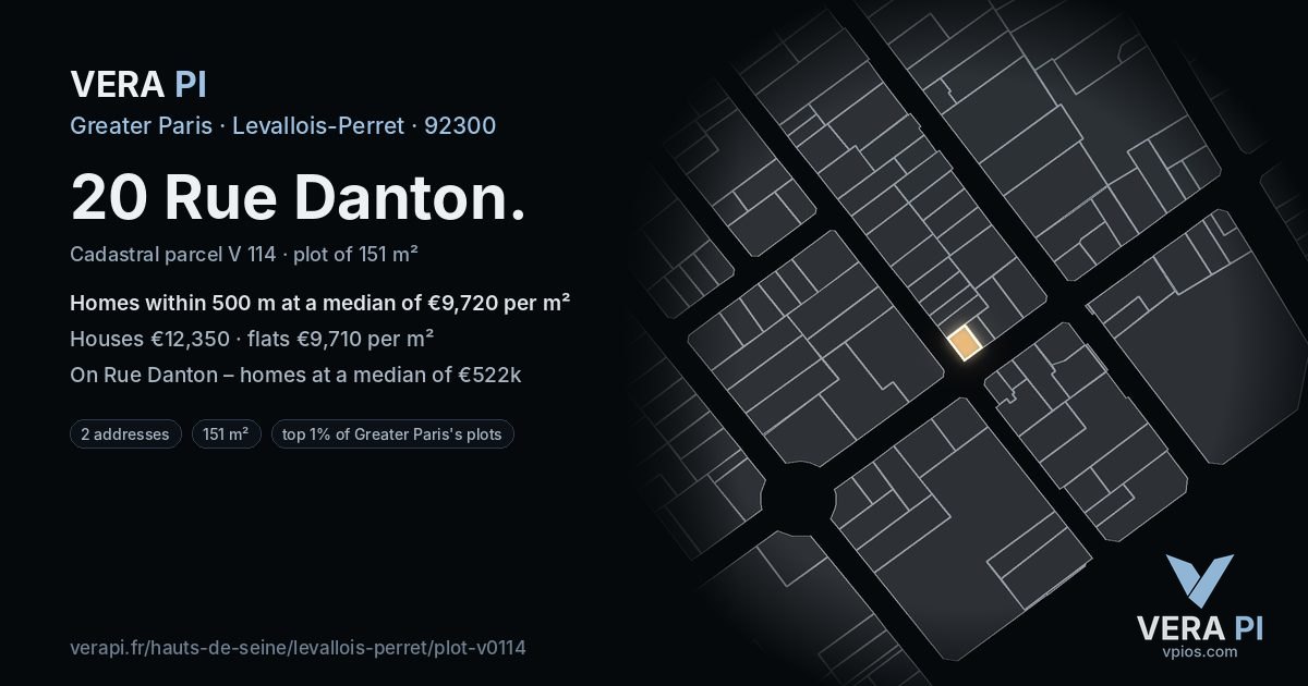 20 Rue Danton, Levallois-Perret at night – the plot lit, the parcels around coloured by the prices near them