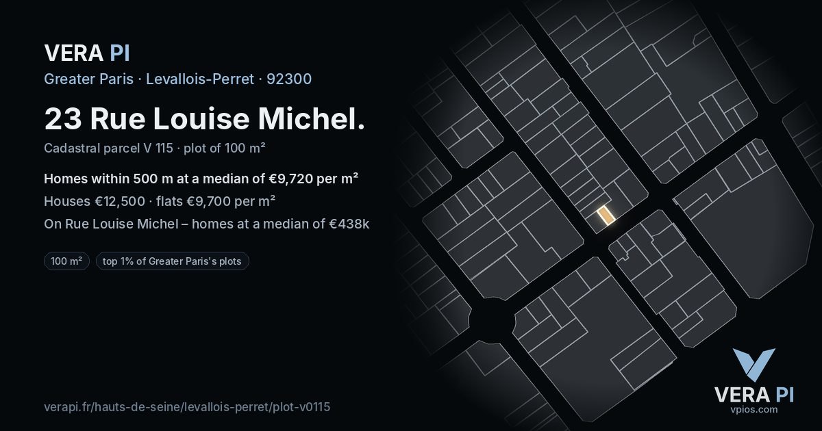 23 Rue Louise Michel, Levallois-Perret at night – the plot lit, the parcels around coloured by the prices near them