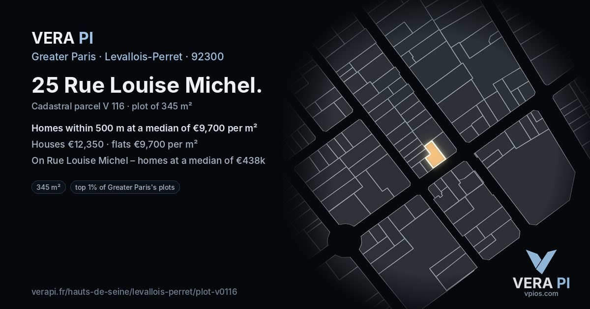 25 Rue Louise Michel, Levallois-Perret at night – the plot lit, the parcels around coloured by the prices near them
