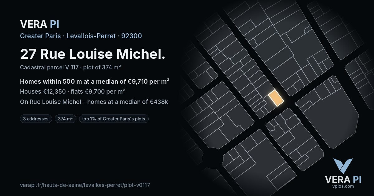 27 Rue Louise Michel, Levallois-Perret at night – the plot lit, the parcels around coloured by the prices near them