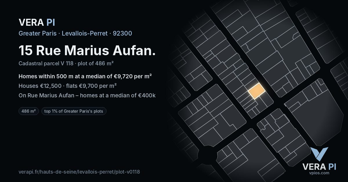 15 Rue Marius Aufan, Levallois-Perret at night – the plot lit, the parcels around coloured by the prices near them