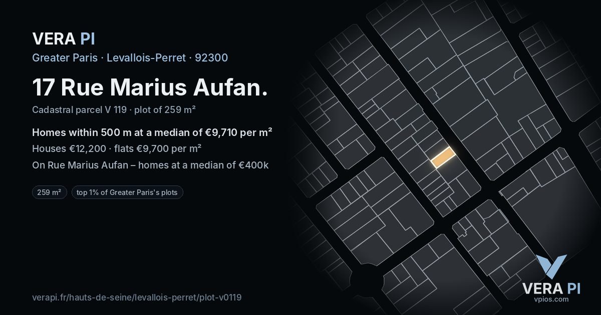17 Rue Marius Aufan, Levallois-Perret at night – the plot lit, the parcels around coloured by the prices near them