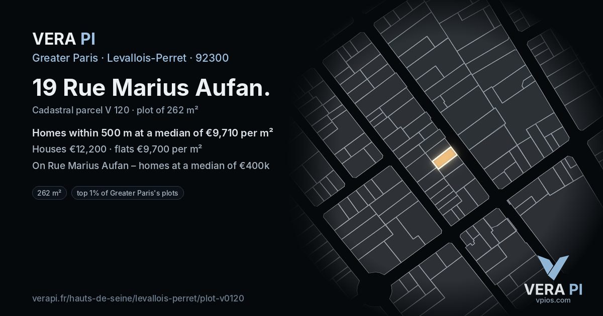 19 Rue Marius Aufan, Levallois-Perret at night – the plot lit, the parcels around coloured by the prices near them