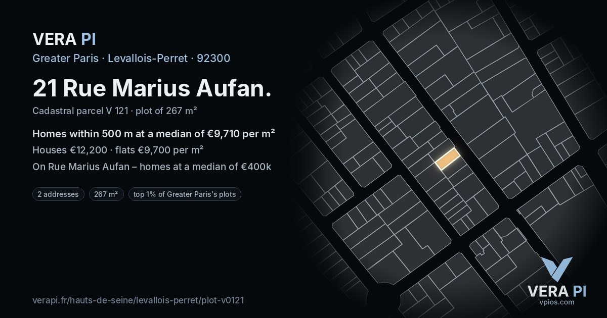 21 Rue Marius Aufan, Levallois-Perret at night – the plot lit, the parcels around coloured by the prices near them
