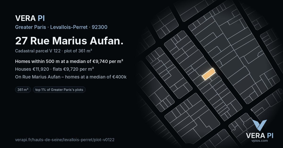 27 Rue Marius Aufan, Levallois-Perret at night – the plot lit, the parcels around coloured by the prices near them