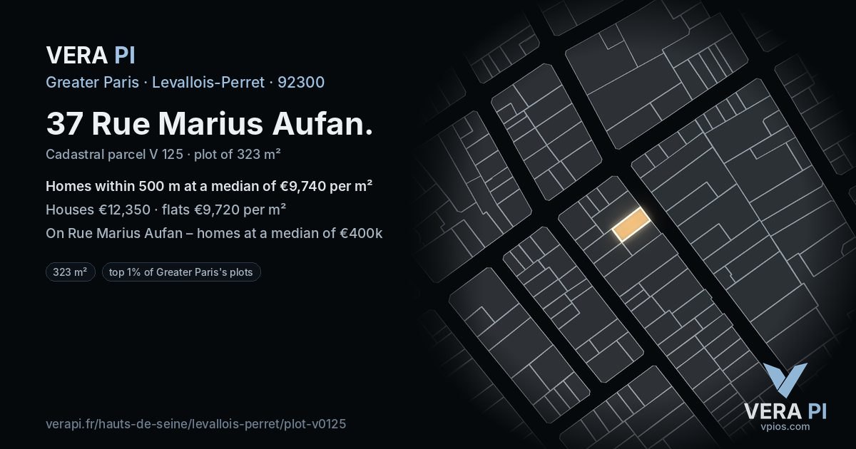 37 Rue Marius Aufan, Levallois-Perret at night – the plot lit, the parcels around coloured by the prices near them