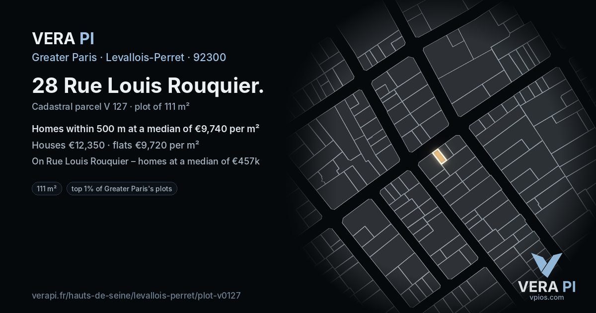 28 Rue Louis Rouquier, Levallois-Perret at night – the plot lit, the parcels around coloured by the prices near them