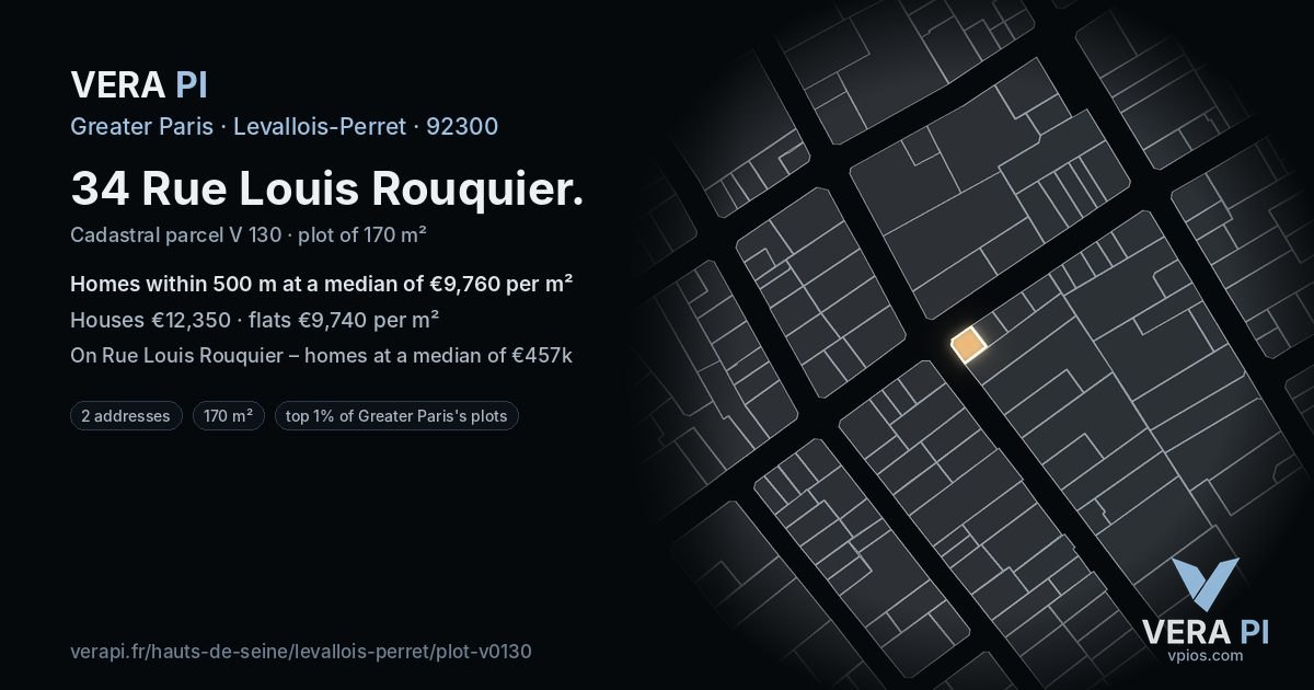 34 Rue Louis Rouquier, Levallois-Perret at night – the plot lit, the parcels around coloured by the prices near them