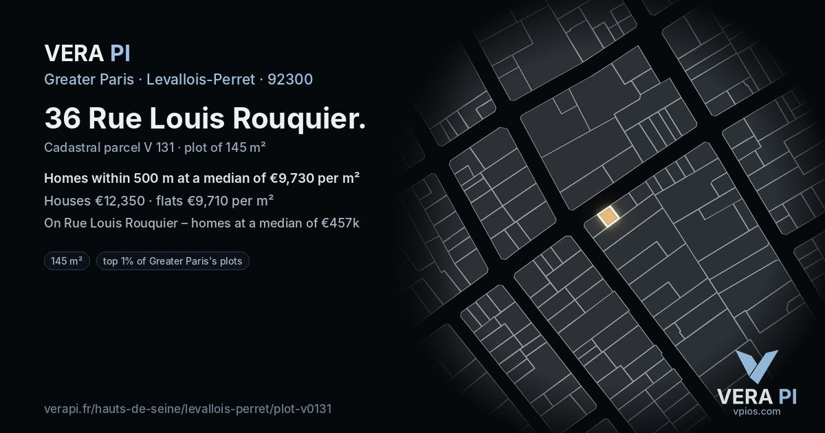 36 Rue Louis Rouquier, Levallois-Perret at night – the plot lit, the parcels around coloured by the prices near them