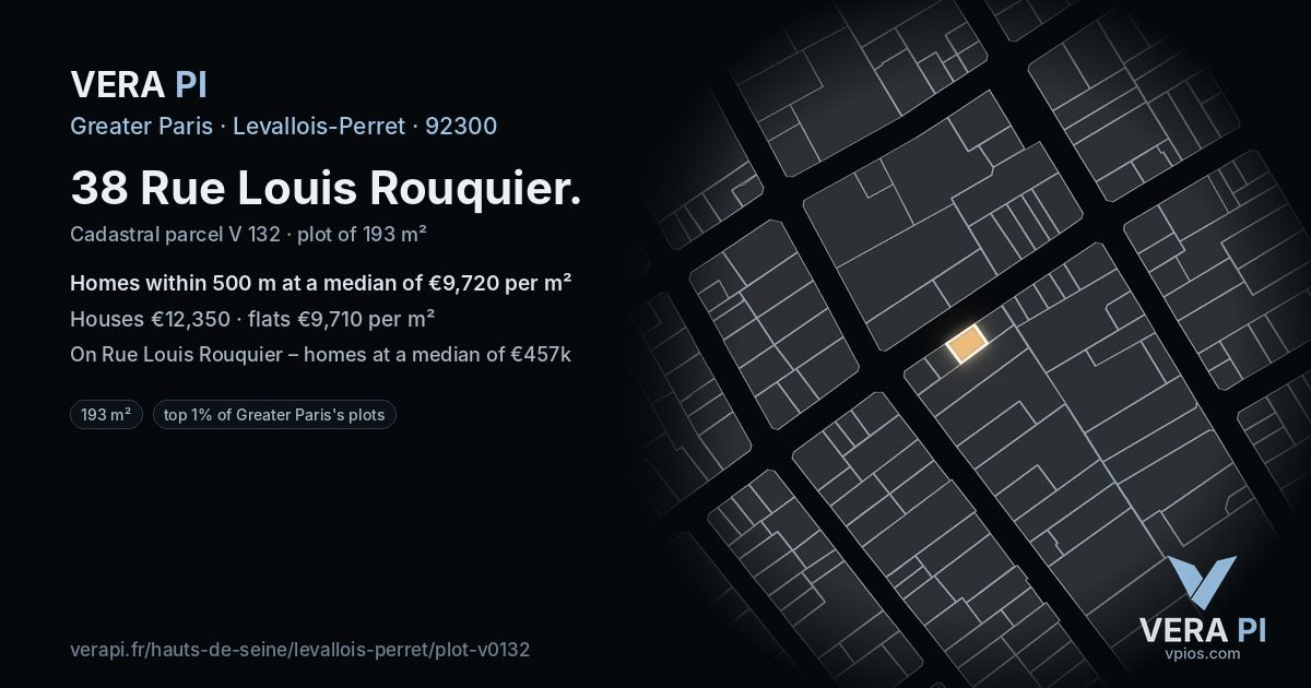 38 Rue Louis Rouquier, Levallois-Perret at night – the plot lit, the parcels around coloured by the prices near them