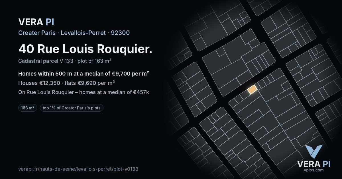 40 Rue Louis Rouquier, Levallois-Perret at night – the plot lit, the parcels around coloured by the prices near them